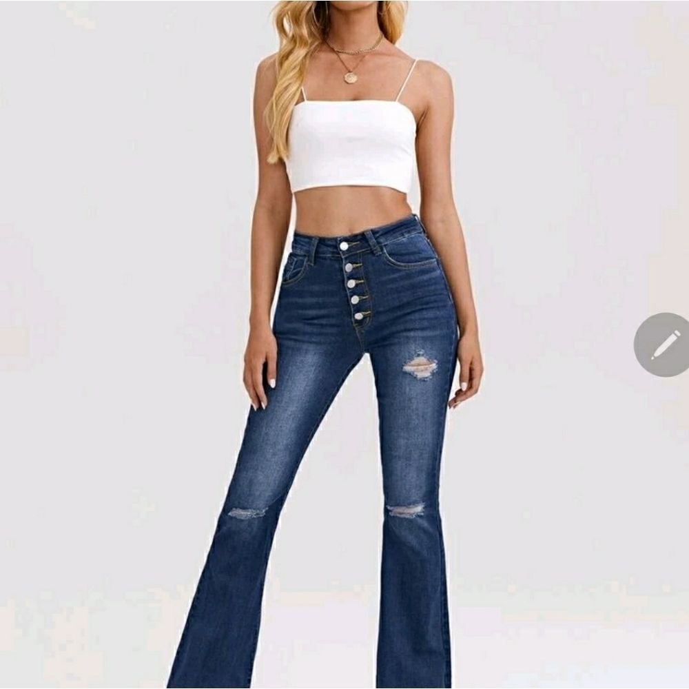 High Waist Ripped Detail Flare Leg